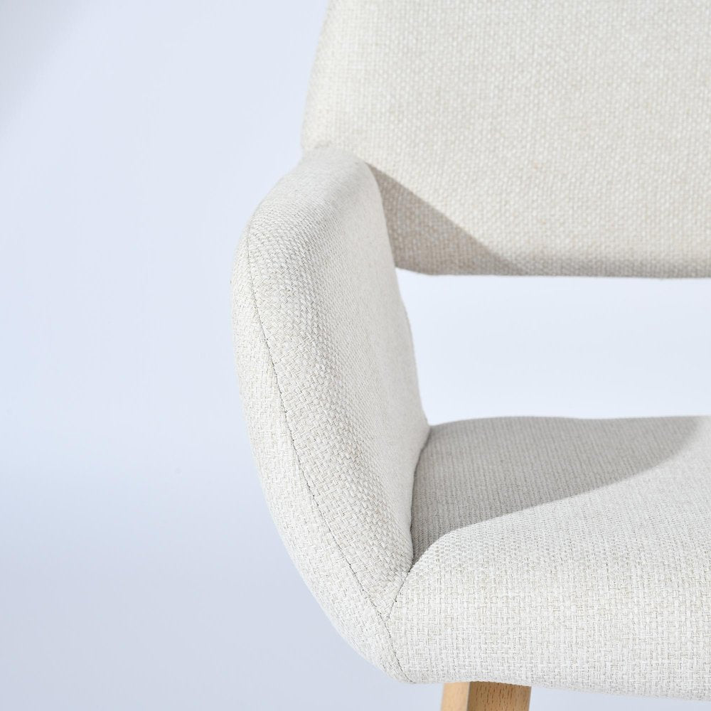 Set of Two Beige and Oak Fabric and Steel Dining Arm Chairs HomeRoots