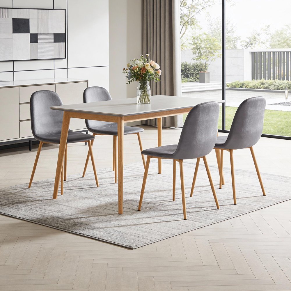 Set of Four Gray and Oak Velvet and Steel Dining Side Chairs HomeRoots