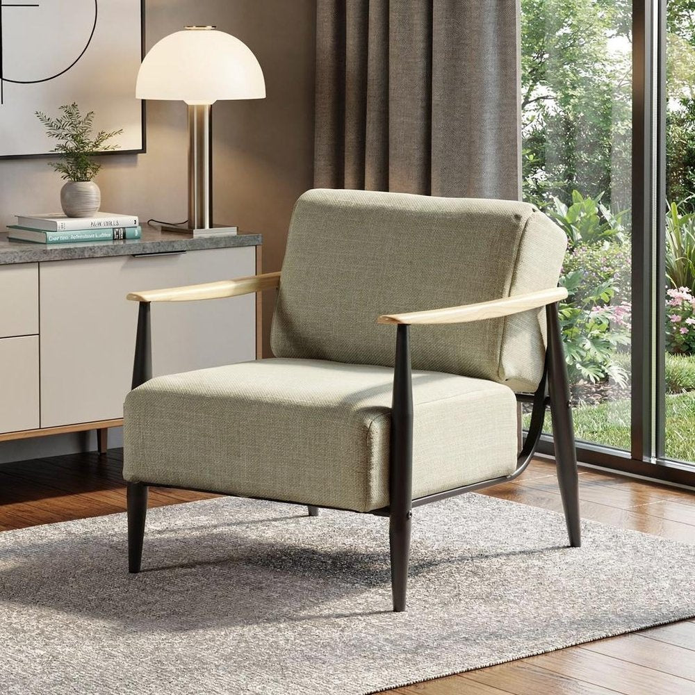 28" Beige Black and Natural Upholstered Cushion and Solid Wood Arm Chair HomeRoots