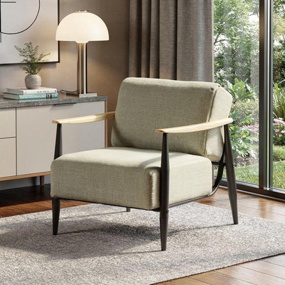 28" Beige Black and Natural Upholstered Cushion and Solid Wood Arm Chair HomeRoots