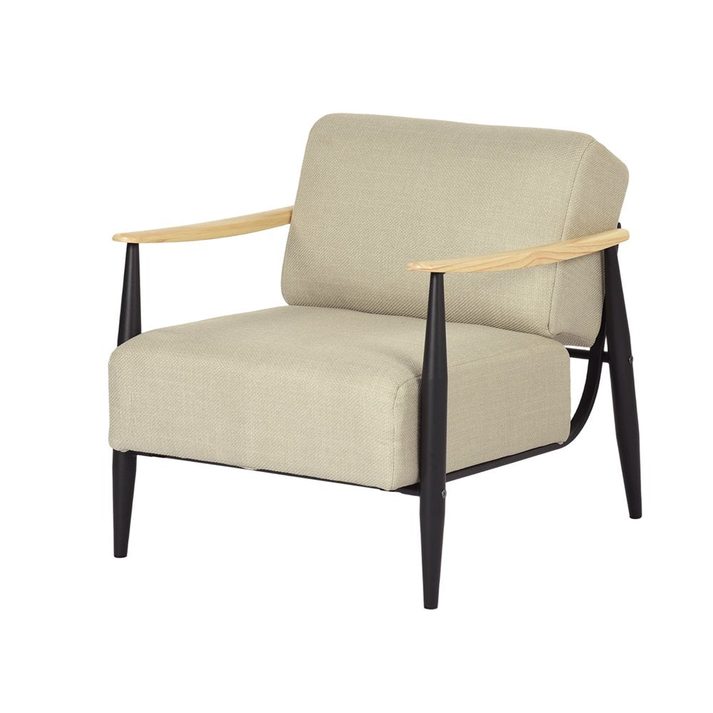 28" Beige Black and Natural Upholstered Cushion and Solid Wood Arm Chair HomeRoots