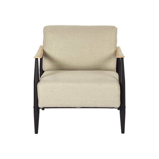 28" Beige Black and Natural Upholstered Cushion and Solid Wood Arm Chair HomeRoots
