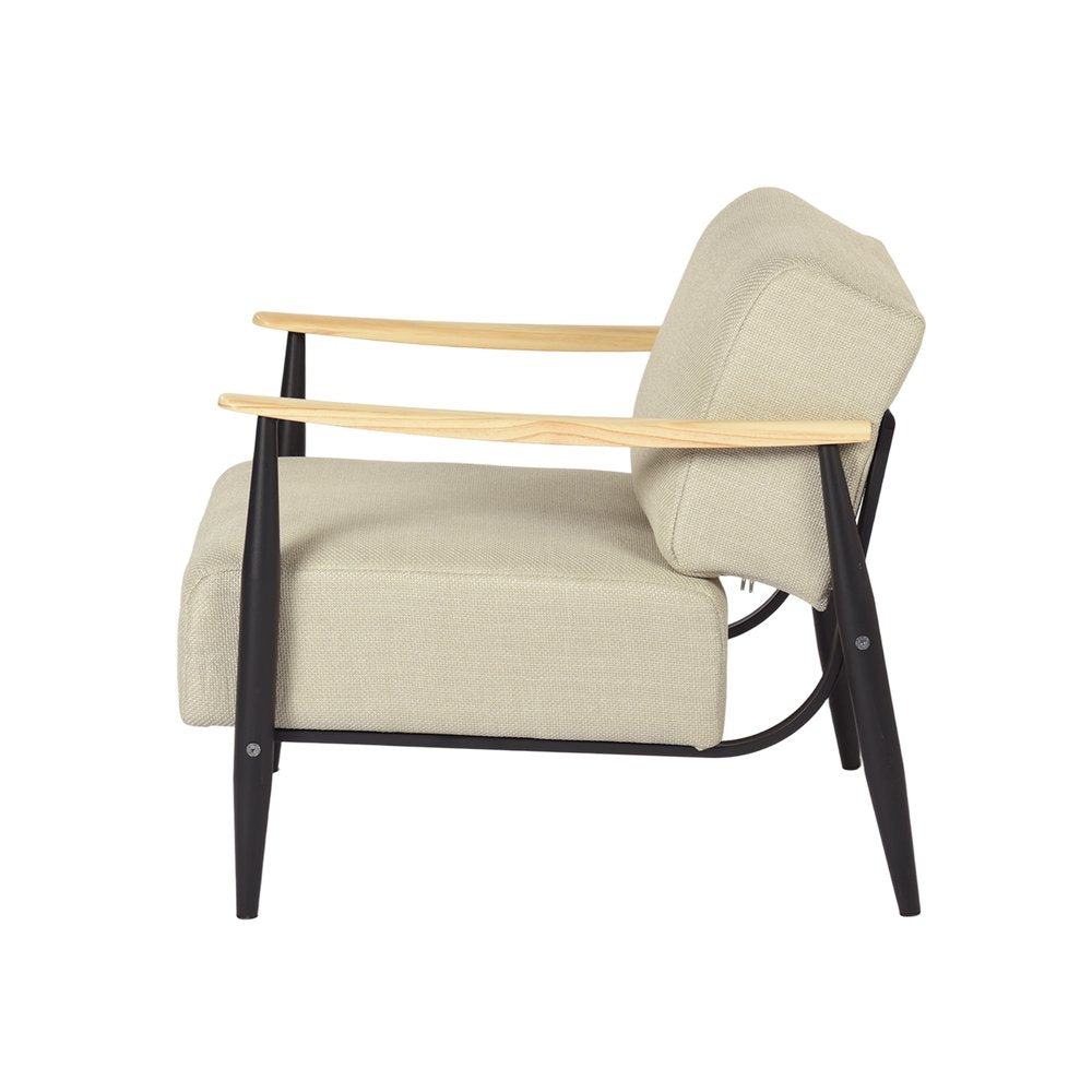 28" Beige Black and Natural Upholstered Cushion and Solid Wood Arm Chair HomeRoots