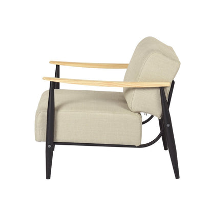 28" Beige Black and Natural Upholstered Cushion and Solid Wood Arm Chair HomeRoots