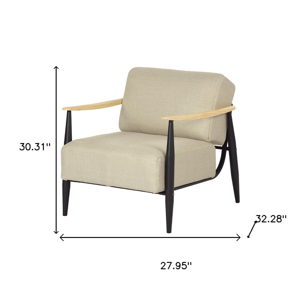 28" Beige Black and Natural Upholstered Cushion and Solid Wood Arm Chair HomeRoots