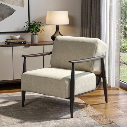 28" Beige and Black Upholstered Cushion and Solid Wood Arm Chair HomeRoots