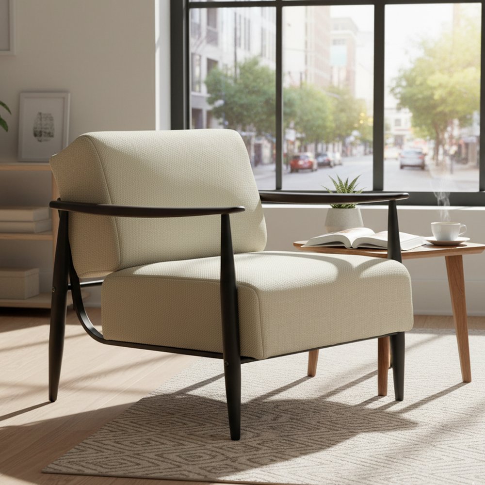28" Beige and Black Upholstered Cushion and Solid Wood Arm Chair HomeRoots