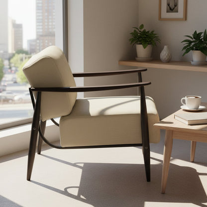 28" Beige and Black Upholstered Cushion and Solid Wood Arm Chair HomeRoots