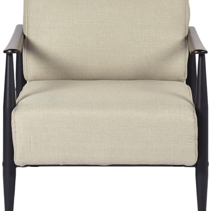 28" Beige and Black Upholstered Cushion and Solid Wood Arm Chair HomeRoots