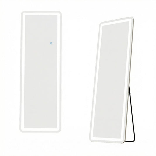60" X 16" Silver Glass Lighted Wall Mounted Leaning And Freestanding Framed Full Length Mirror