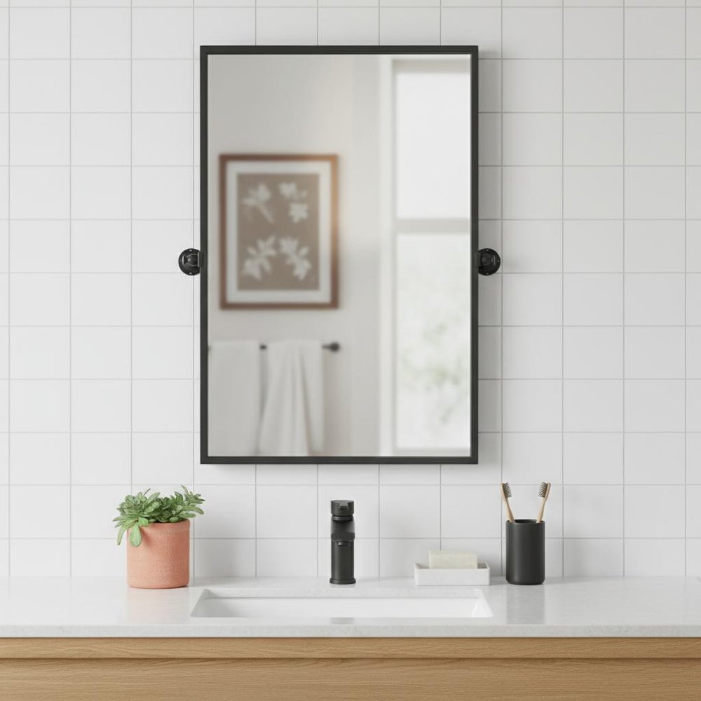 31" X 24" Black Iron Tilting Framed Bathroom Vanity Mirror