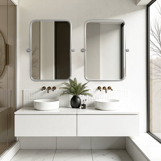 Set of Two Silver Iron Tilting Framed Bathroom Vanity Mirrors