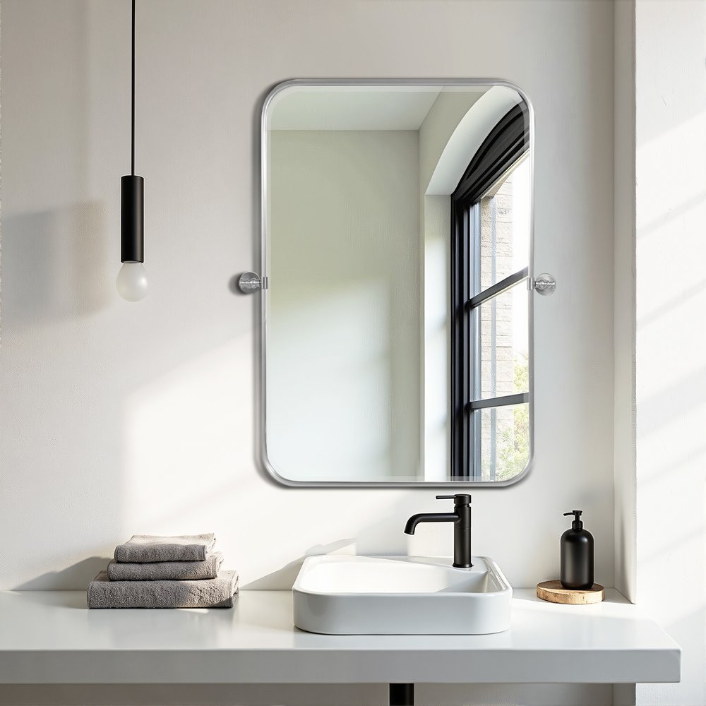 Set of Two Silver Iron Tilting Framed Bathroom Vanity Mirrors — view 2