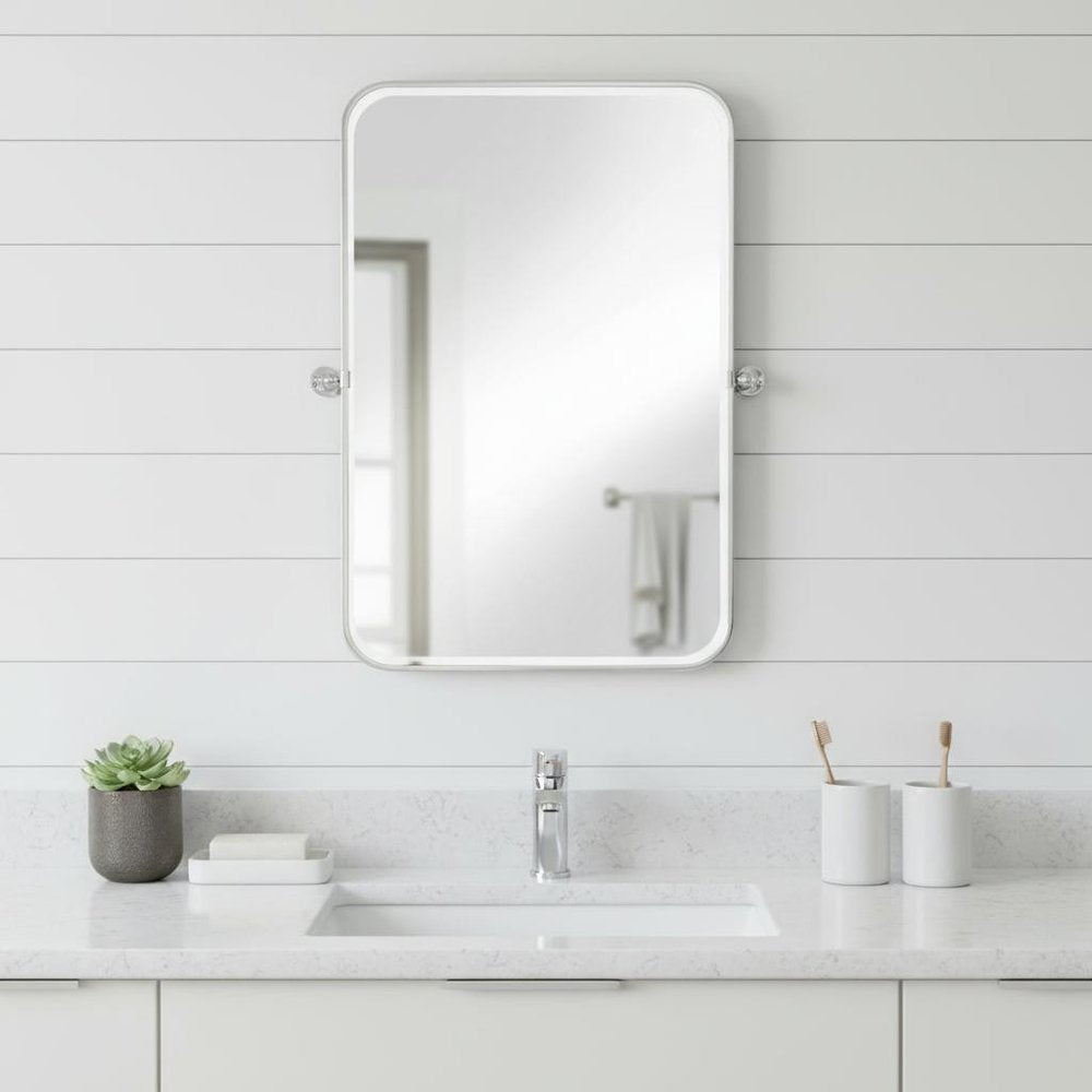 Set of Two Silver Iron Tilting Framed Bathroom Vanity Mirrors HomeRoots