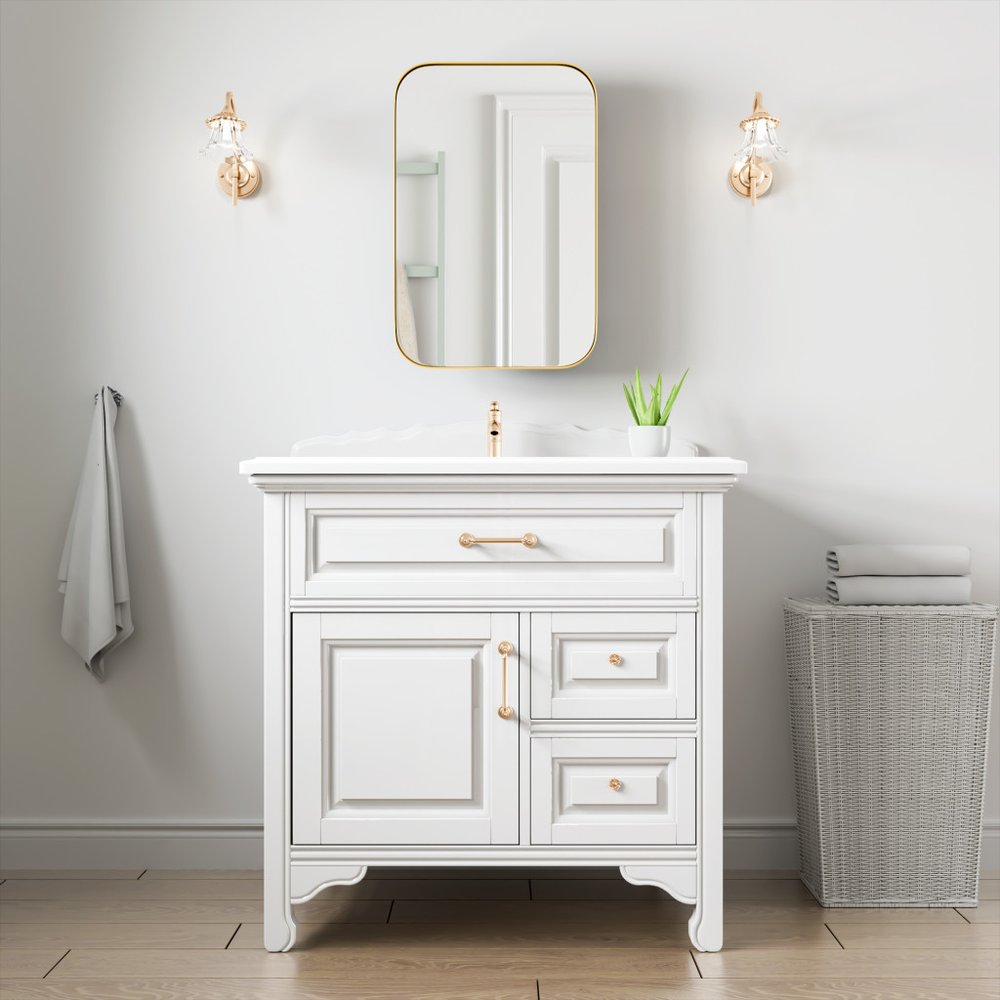 24" Gold Metal Framed Bathroom Vanity Mirror With Cabinet — view 13