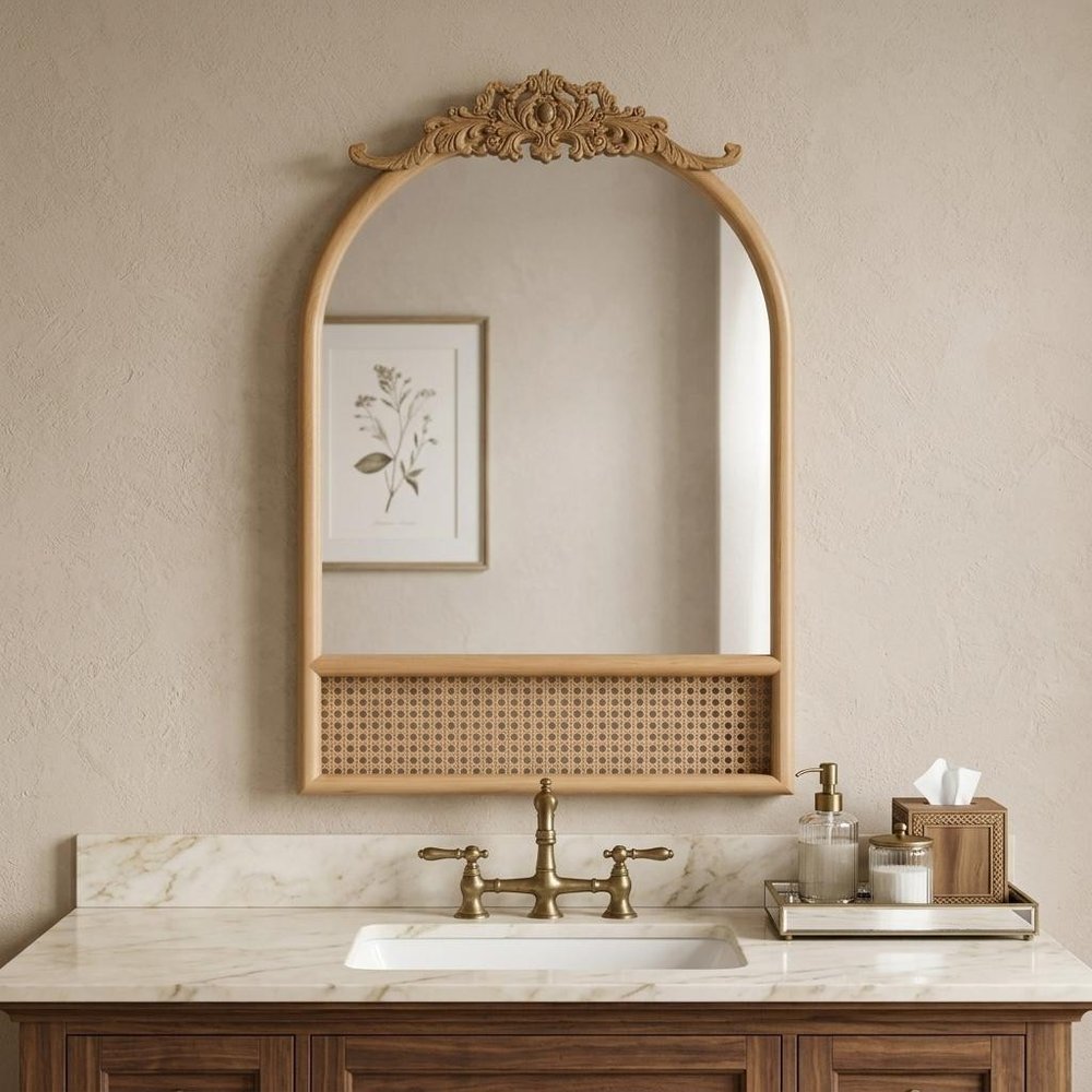 36" Brown Wood And Rattan Arch With Scroll Framed Accent Mirror HomeRoots