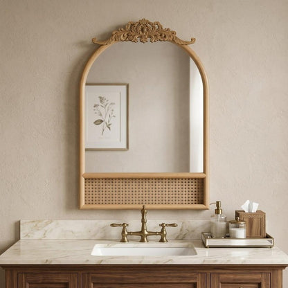 36" Brown Wood And Rattan Arch With Scroll Framed Accent Mirror HomeRoots