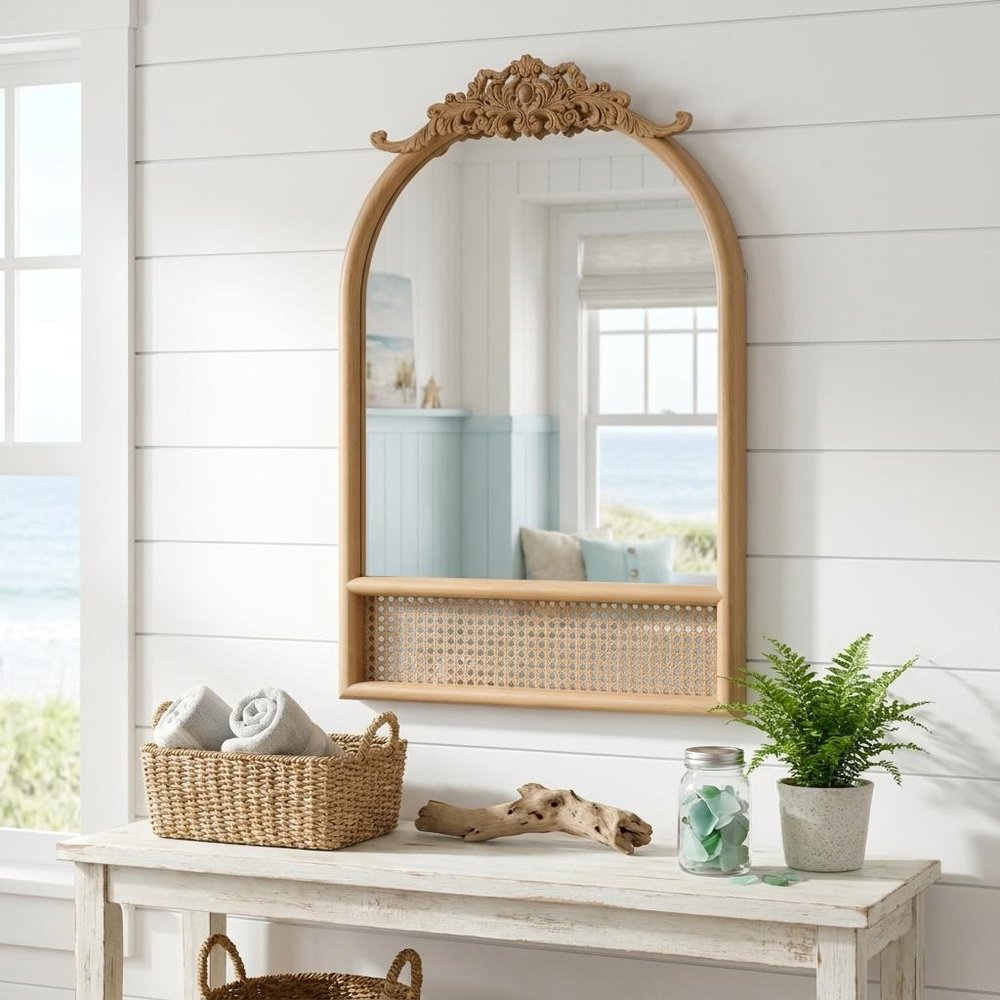 36" Brown Wood And Rattan Arch With Scroll Framed Accent Mirror HomeRoots