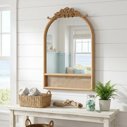 36" Brown Wood And Rattan Arch With Scroll Framed Accent Mirror HomeRoots