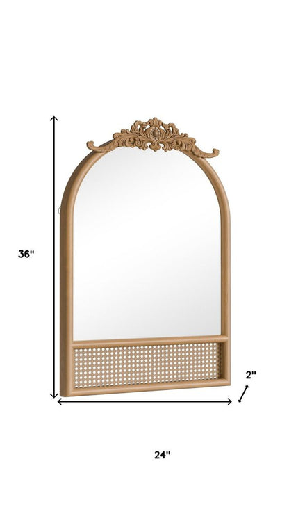 36" Brown Wood And Rattan Arch With Scroll Framed Accent Mirror HomeRoots
