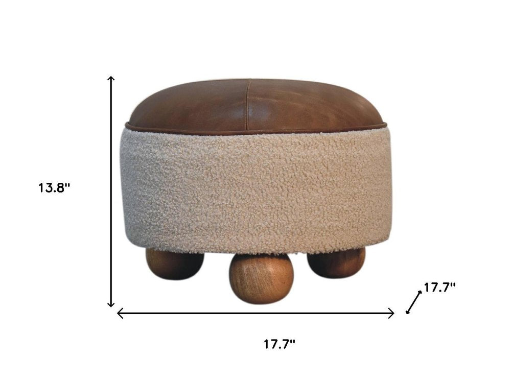 18" Cream and Brown Boucle Round Footstool HomeRoots