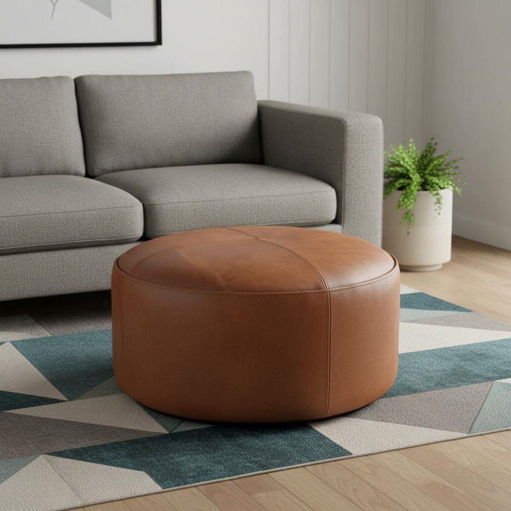 18" Cream and Brown Boucle Round Footstool — view 10