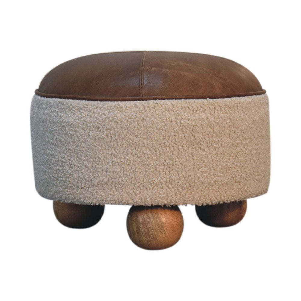 18" Cream and Brown Boucle Round Footstool — view 1