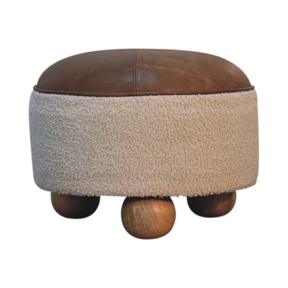 18" Cream and Brown Boucle Round Footstool HomeRoots