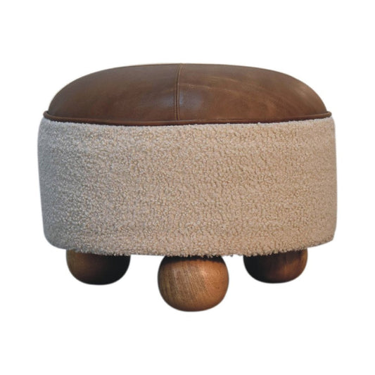 18" Cream and Brown Boucle Round Footstool