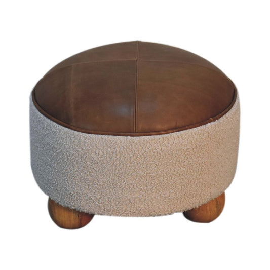 18" Cream and Brown Boucle Round Footstool