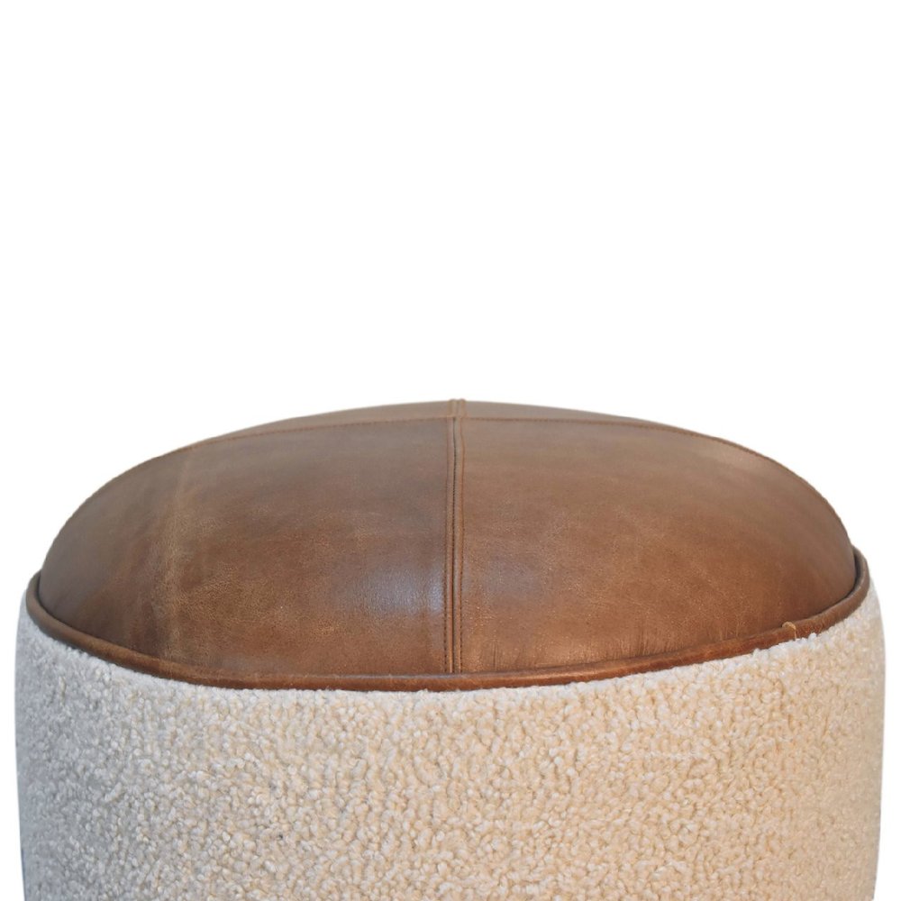 18" Cream and Brown Boucle Round Footstool — view 3