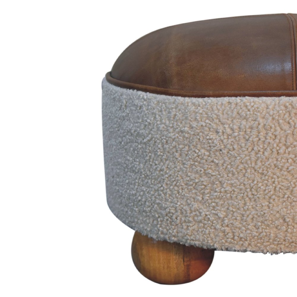 18" Cream and Brown Boucle Round Footstool HomeRoots
