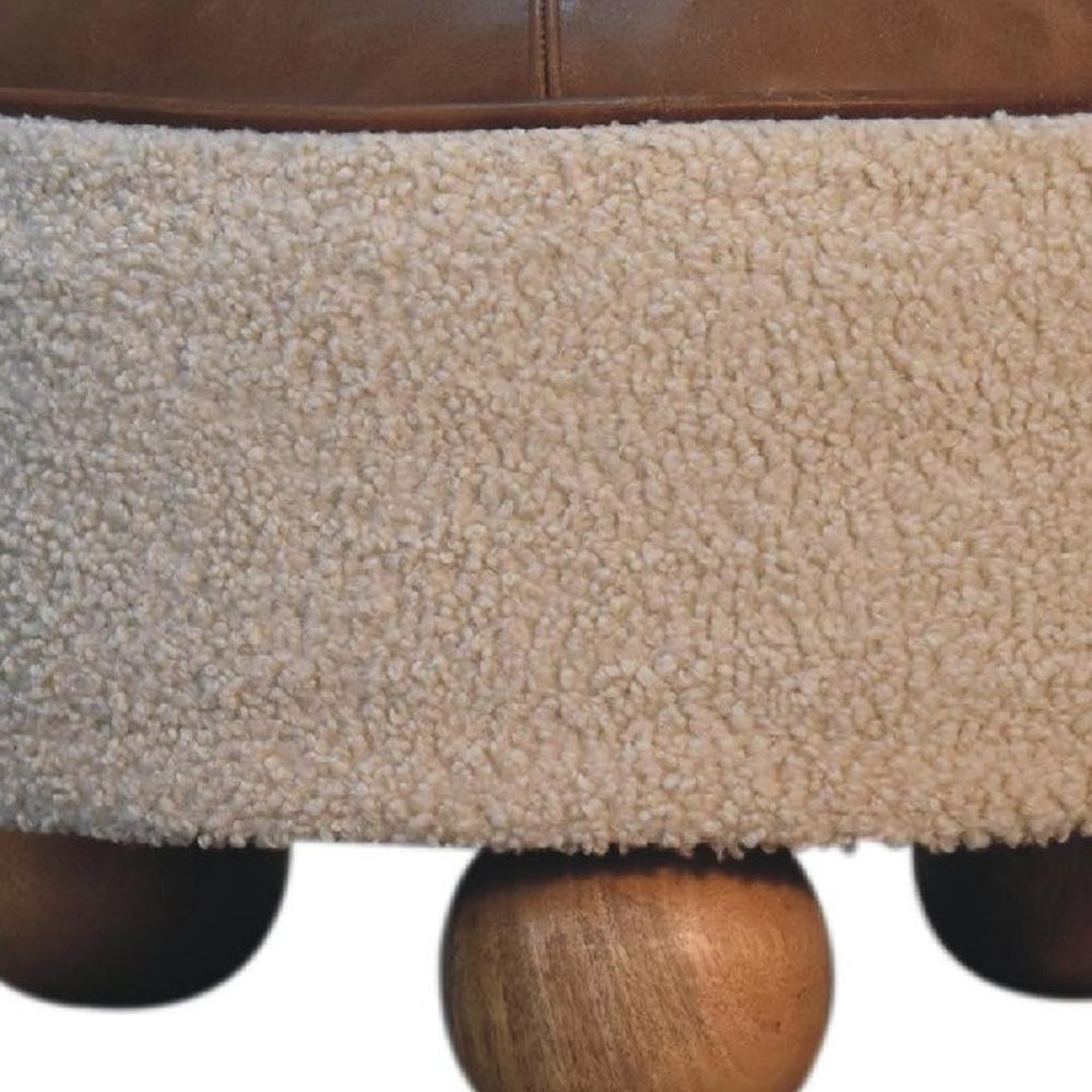 18" Cream and Brown Boucle Round Footstool — view 8