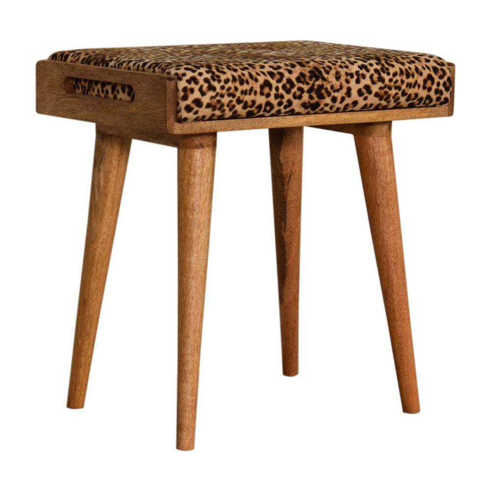 20" Brown Velvet And Wood Leopard Footstool HomeRoots