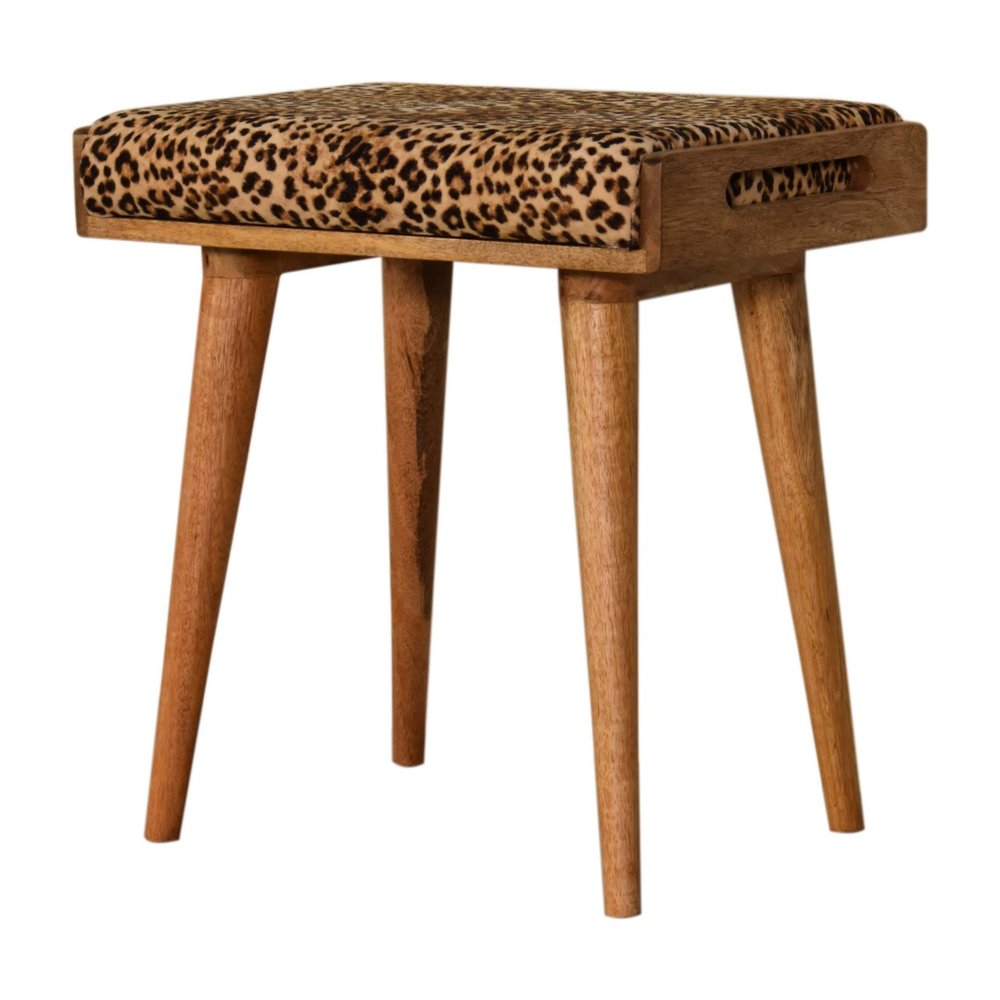 20" Brown Velvet And Wood Leopard Footstool HomeRoots