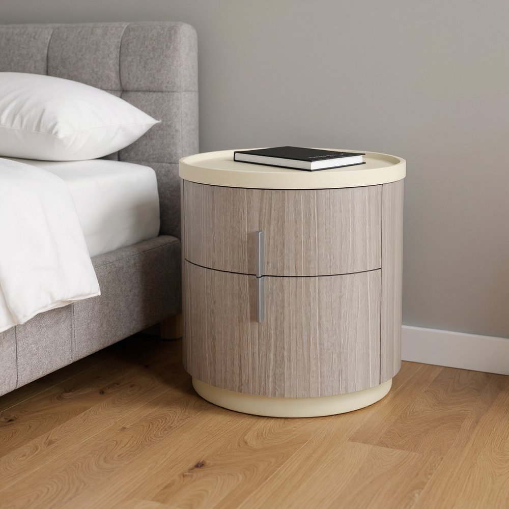 20" Beige And Oak Wood Round Two Drawer Nightstand HomeRoots