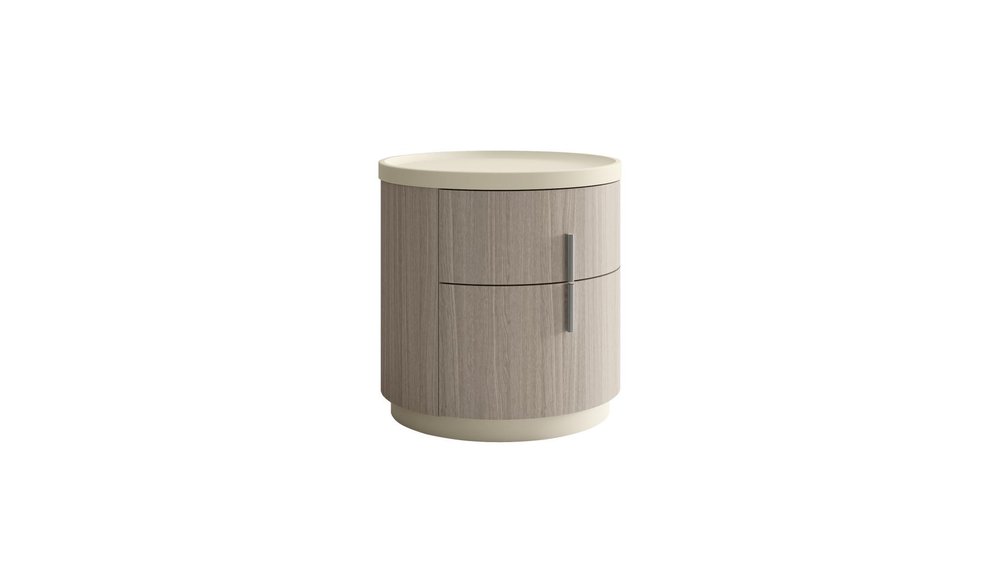 20" Beige And Oak Wood Round Two Drawer Nightstand — view 3