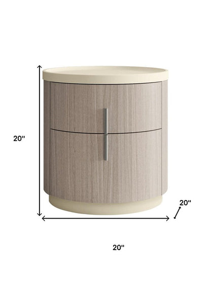 20" Beige And Oak Wood Round Two Drawer Nightstand