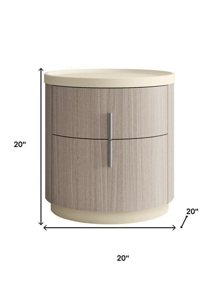 20" Beige And Oak Wood Round Two Drawer Nightstand — view 5