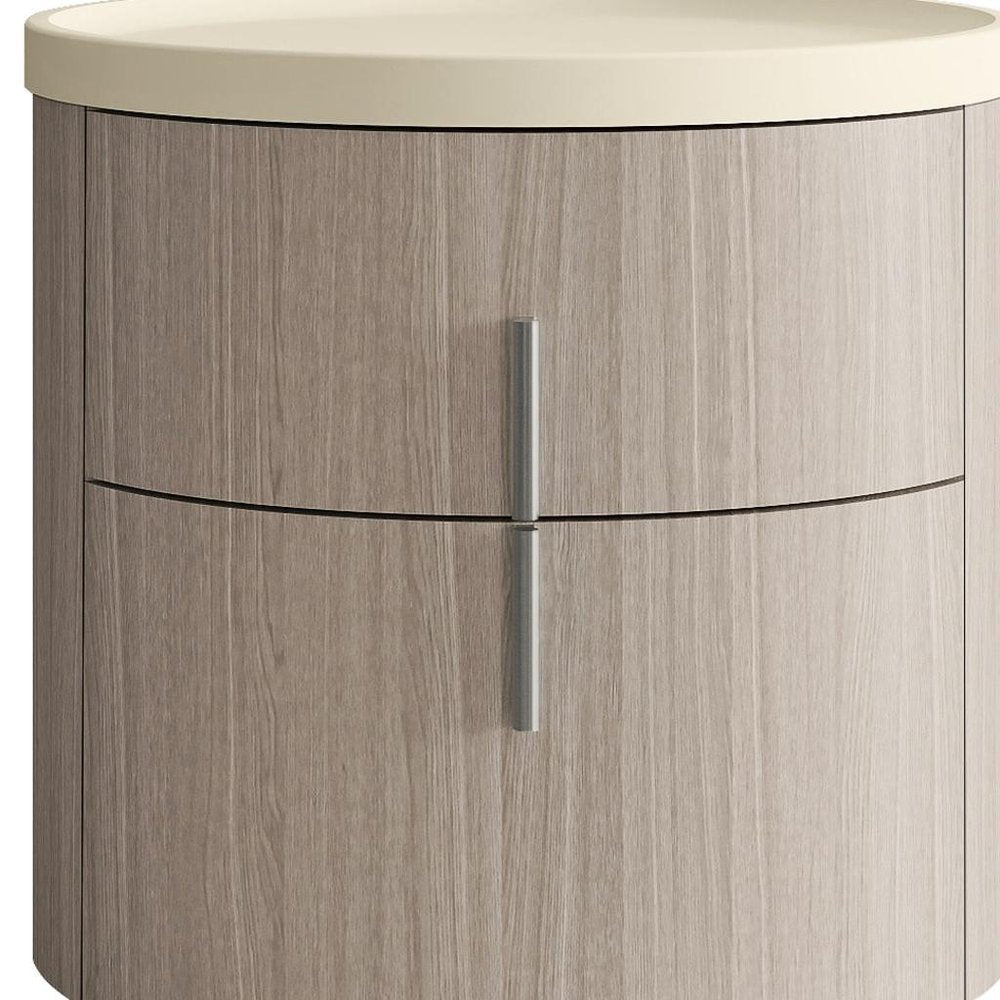 20" Beige And Oak Wood Round Two Drawer Nightstand HomeRoots