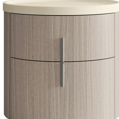 20" Beige And Oak Wood Round Two Drawer Nightstand HomeRoots
