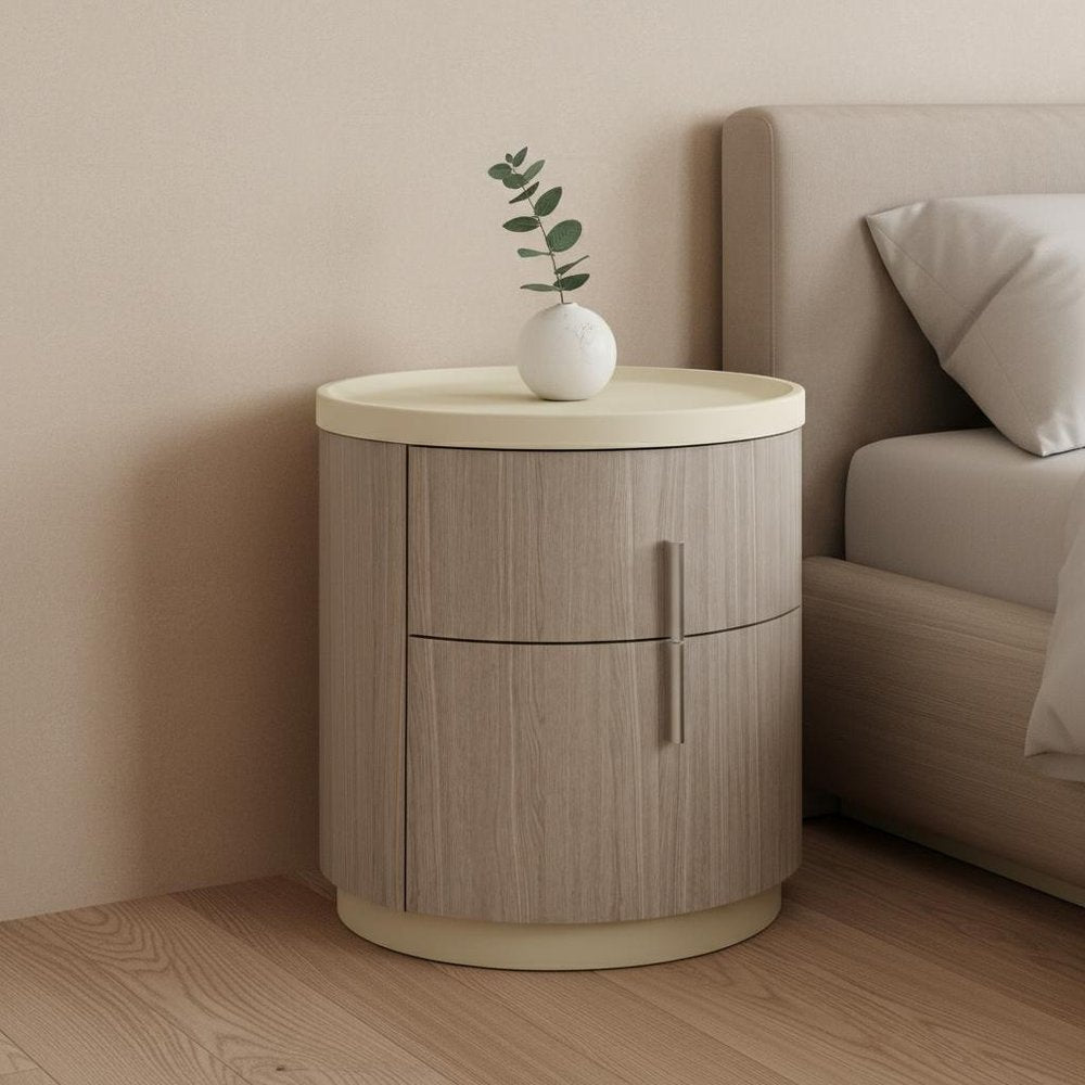 20" Beige And Oak Wood Round Two Drawer Nightstand HomeRoots