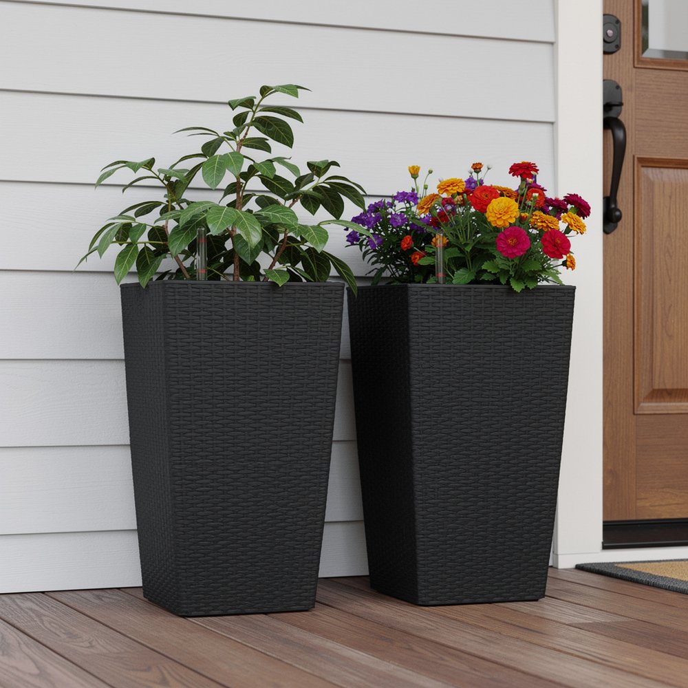 Set of Two Black Recycled Plastic Round Self Watering Planter Box — view 4