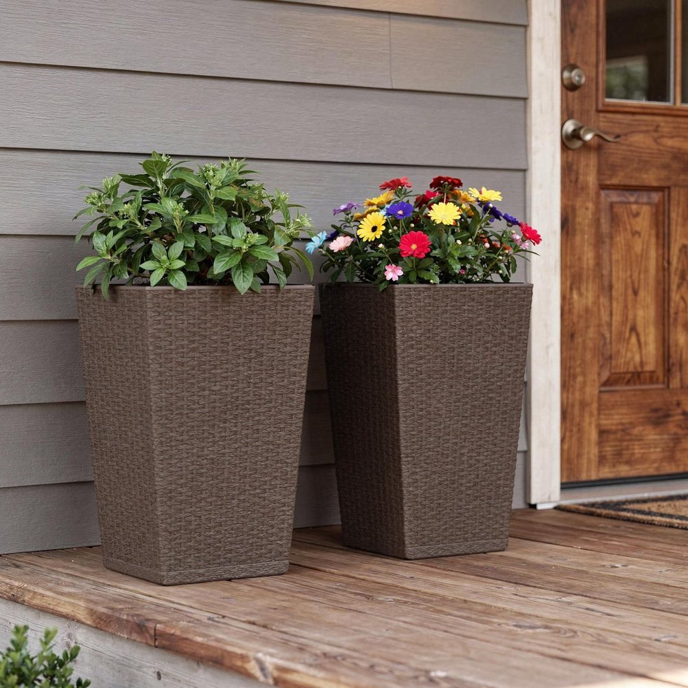 Set of Two Brown Recycled Plastic Round Self Watering Planter Box — view 5