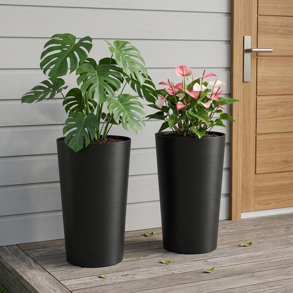 Set of Two Black Heavy Duty Plastic Cylindrical Planter Pots — view 4