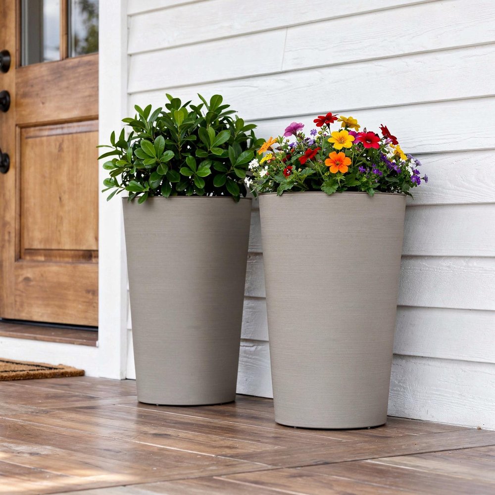 Set of Two Brown Heavy Duty Plastic Cylindrical Planter Pots — view 4