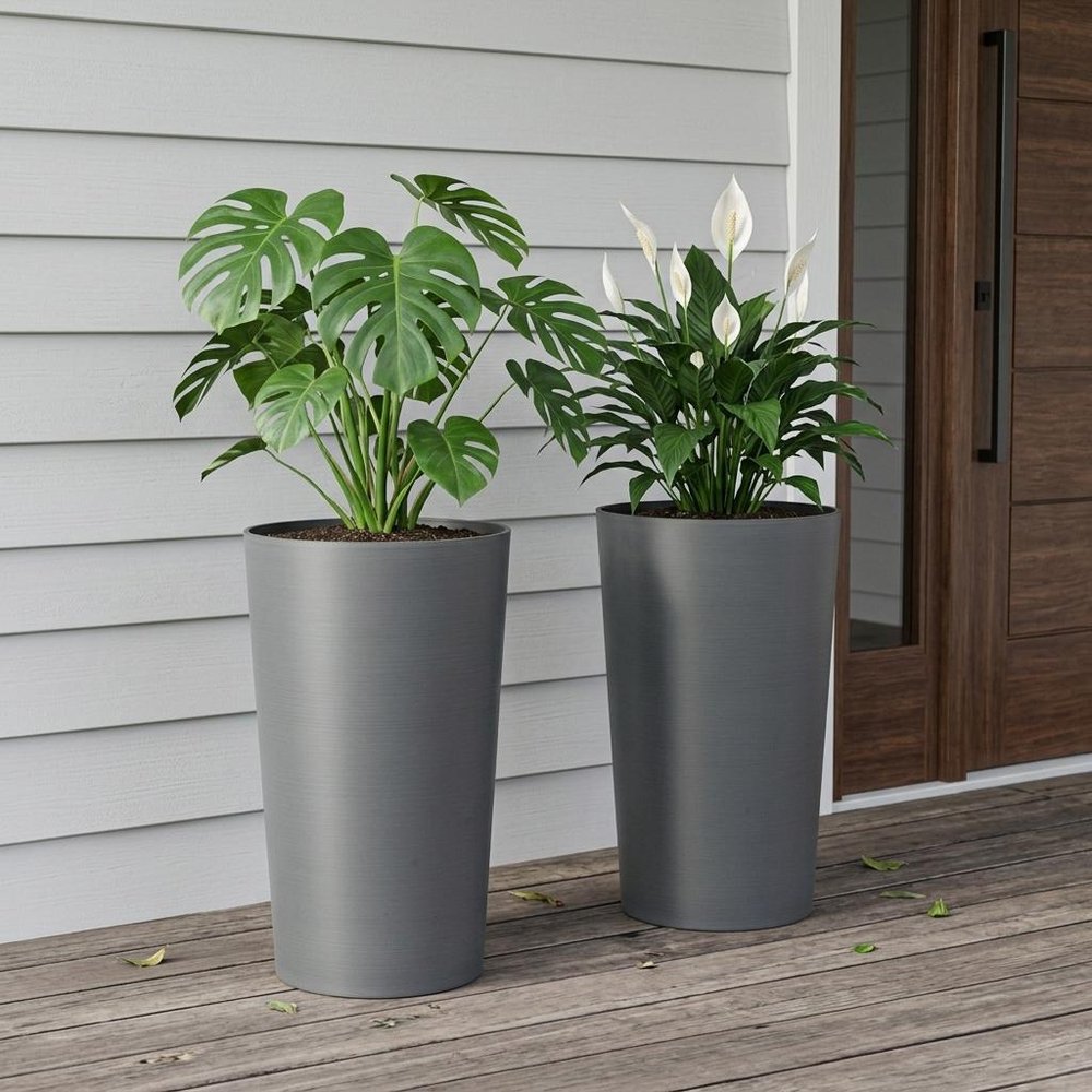 Set of Two Light Gray Heavy Duty Plastic Cylindrical Planter Pots — view 4