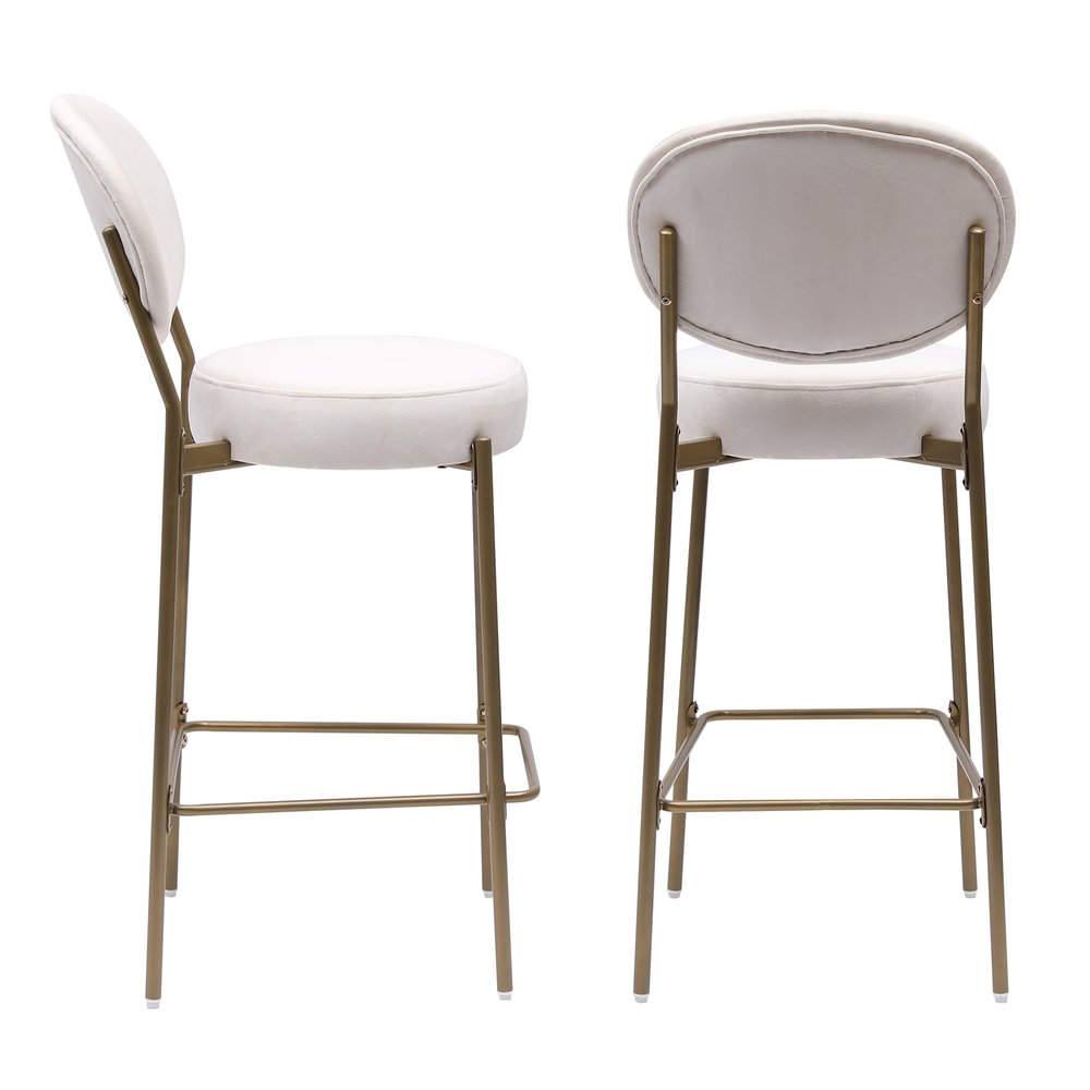 Set of Two 29" White And Gold Velvet And Metal Low Back Bar Height Bar Chairs HomeRoots