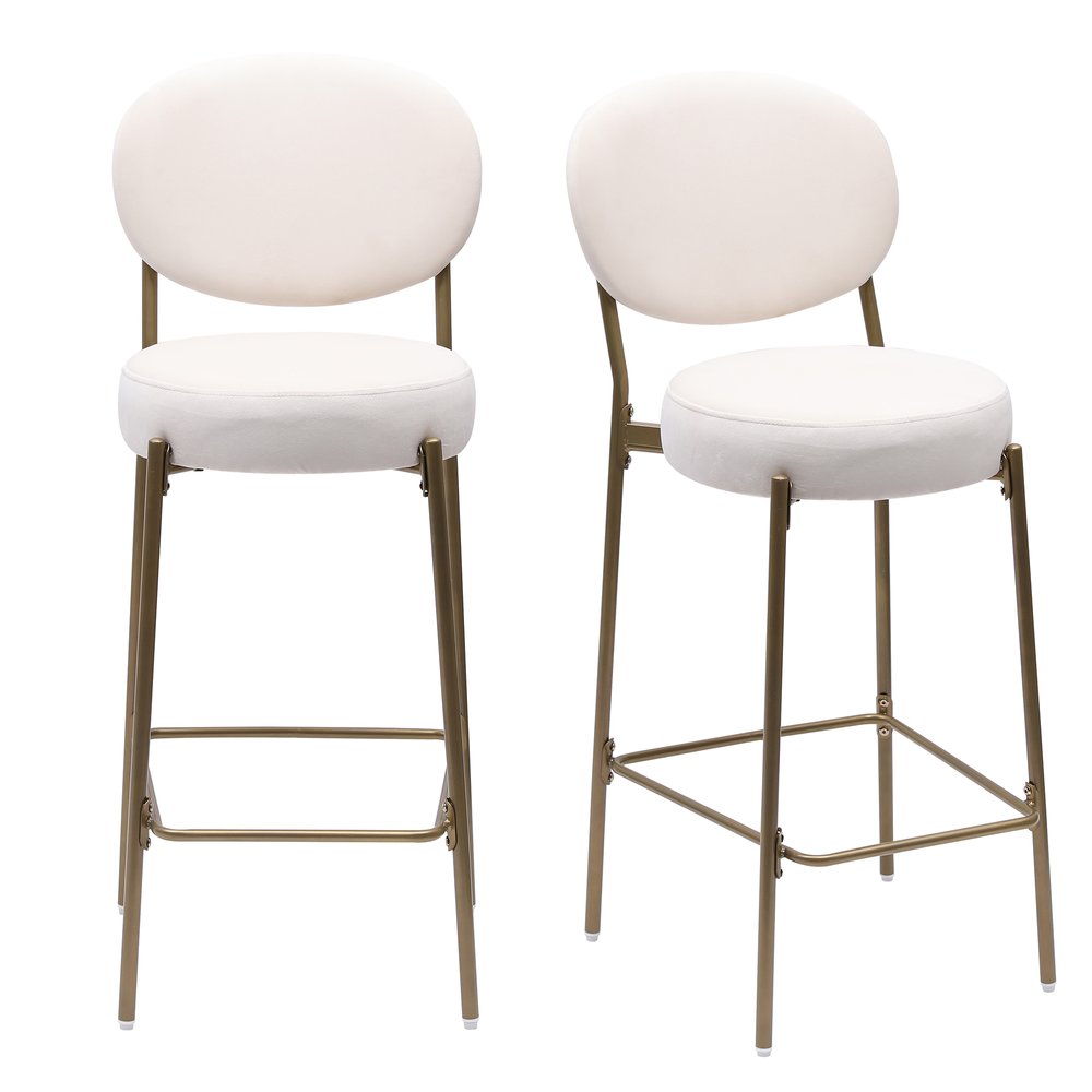 Set of Two 29" White And Gold Velvet And Metal Low Back Bar Height Bar Chairs HomeRoots