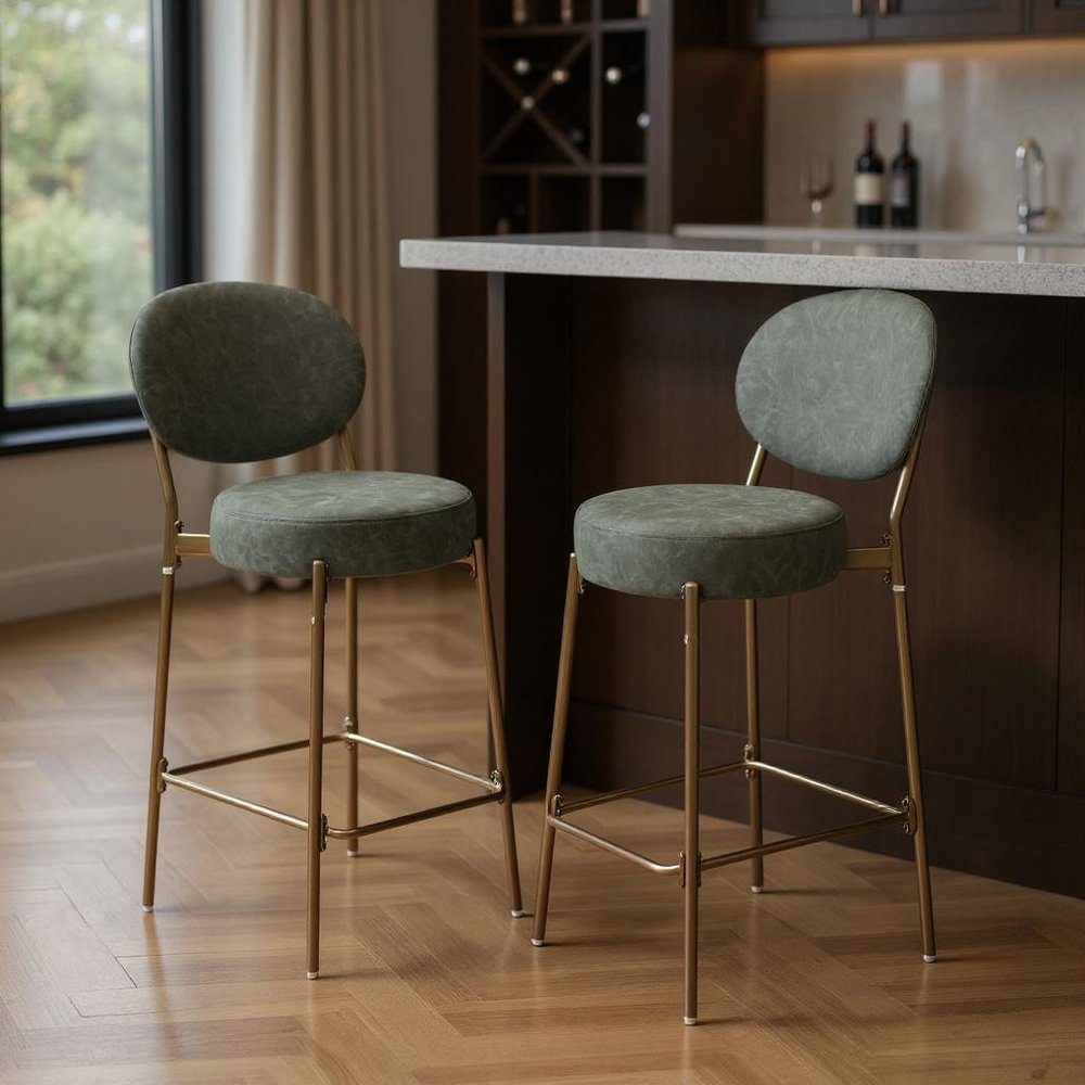 Set of Two 29" Green And Gold Faux Leather And Metal Low Back Bar Height Bar Chairs HomeRoots